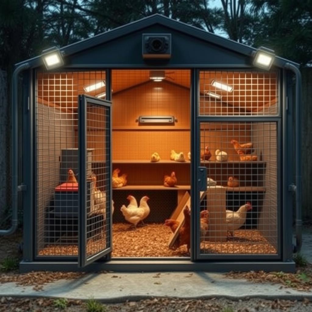 A fortified chicken coop with a robust steel-mesh exterior, designed to withstand the attacks of cunning predators. The entrance is secured by an airlock-style double door system, with motion-activated spotlights and a high-resolution surveillance camera monitoring the perimeter. The interior is bathed in warm, energy-efficient LED lighting, casting an inviting glow over the nesting boxes and roosting bars. Thick, tempered-glass windows provide clear visibility while maintaining a barrier against intruders. The coop is anchored to a sturdy concrete foundation, elevating it off the ground to deter burrowing threats. A network of motion sensors and remote-controlled alarms ensures the safety of the flock, creating a secure and tranquil environment for the chickens to thrive.