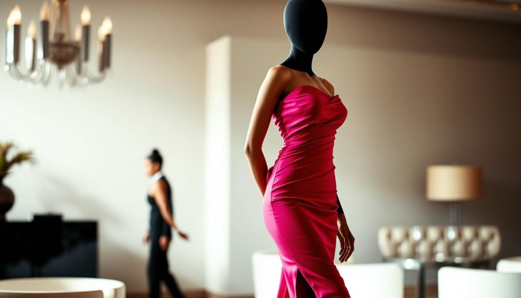 A glamorous, strapless cocktail dress in a vibrant, eye-catching color sways gracefully on a sleek, faceless female figure. The dress features a unique, asymmetrical neckline and a figure-flattering silhouette. Soft, directional lighting from the side creates dramatic shadows and highlights the dress's intricate draping and tailoring. The background is a blurred, elegant interior setting with modern, minimalist decor, hinting at an upscale event or occasion. The overall mood is one of sophistication, confidence, and the latest high-fashion trends.