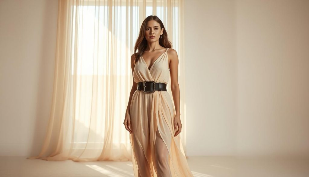 A glamorous woman stands center stage, her waist accentuated by a statement belt that cinches her flowing chiffon dress. Soft natural lighting filters through sheer curtains, casting a warm glow. The backdrop is a minimalist, high-fashion studio setting with clean lines and neutral tones, allowing the model's ensemble to take center stage. Her pose is confident and poised, capturing the essence of the waist-emphasis fashion trend. The overall mood is refined, elegant, and effortlessly stylish.