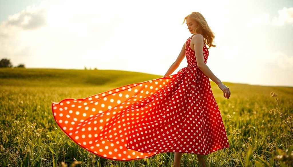 A graceful woman stands in a sun-dappled field, her polka dot dress flowing effortlessly in the gentle breeze. The dress features a classic A-line silhouette with a high waistline, accentuating her figure. The polka dots, in a vibrant color palette, dance across the fabric, creating a playful and eye-catching pattern. The background is a lush, verdant landscape, with soft, wispy clouds drifting overhead, casting a warm, golden glow. The lighting is natural and diffused, creating a sense of warmth and radiance. The angle is slightly elevated, capturing the woman's elegant pose and the movement of the dress. The overall mood is one of carefree summer joy and the embracing of the polka dot trend.