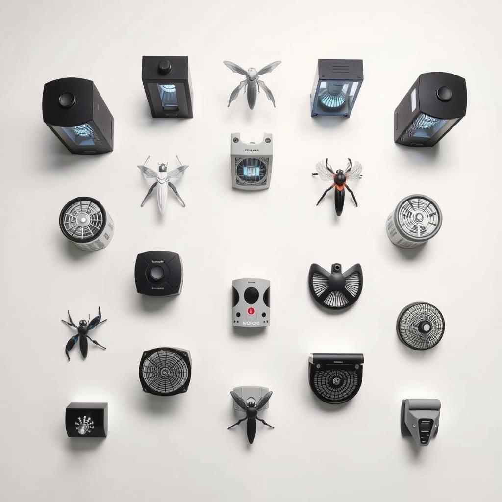 A high-angle, wide-angle view of a sleek, minimalist display showcasing the top mosquito traps. The traps are arranged in a neat, symmetrical grid, each one distinct in its design and functionality. The traps are illuminated by a soft, diffused light, casting gentle shadows and highlighting their intricate features. The background is a clean, neutral tone, allowing the traps to be the focal point. The scene conveys a sense of scientific precision and technological innovation, with the traps presented as effective, modern solutions for mosquito control.