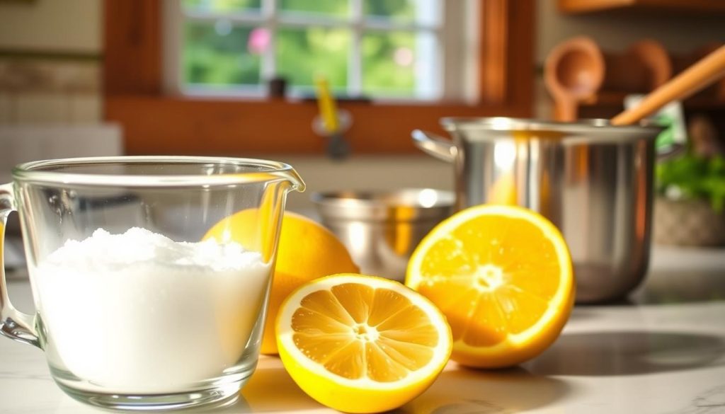 A kitchen counter filled with a variety of fresh, organic ingredients for homemade hummingbird nectar. In the foreground, a clear glass measuring cup brimming with white granulated sugar. Beside it, a large lemon half, its vibrant yellow skin glistening under warm, soft lighting. In the middle ground, a stainless steel saucepan and a wooden spoon, ready to stir the nectar mixture. In the background, a window overlooks a lush, verdant garden, hinting at the natural habitat of the hummingbirds soon to be attracted by this homemade delight. The scene exudes a sense of simplicity, nourishment, and a connection to the natural world.