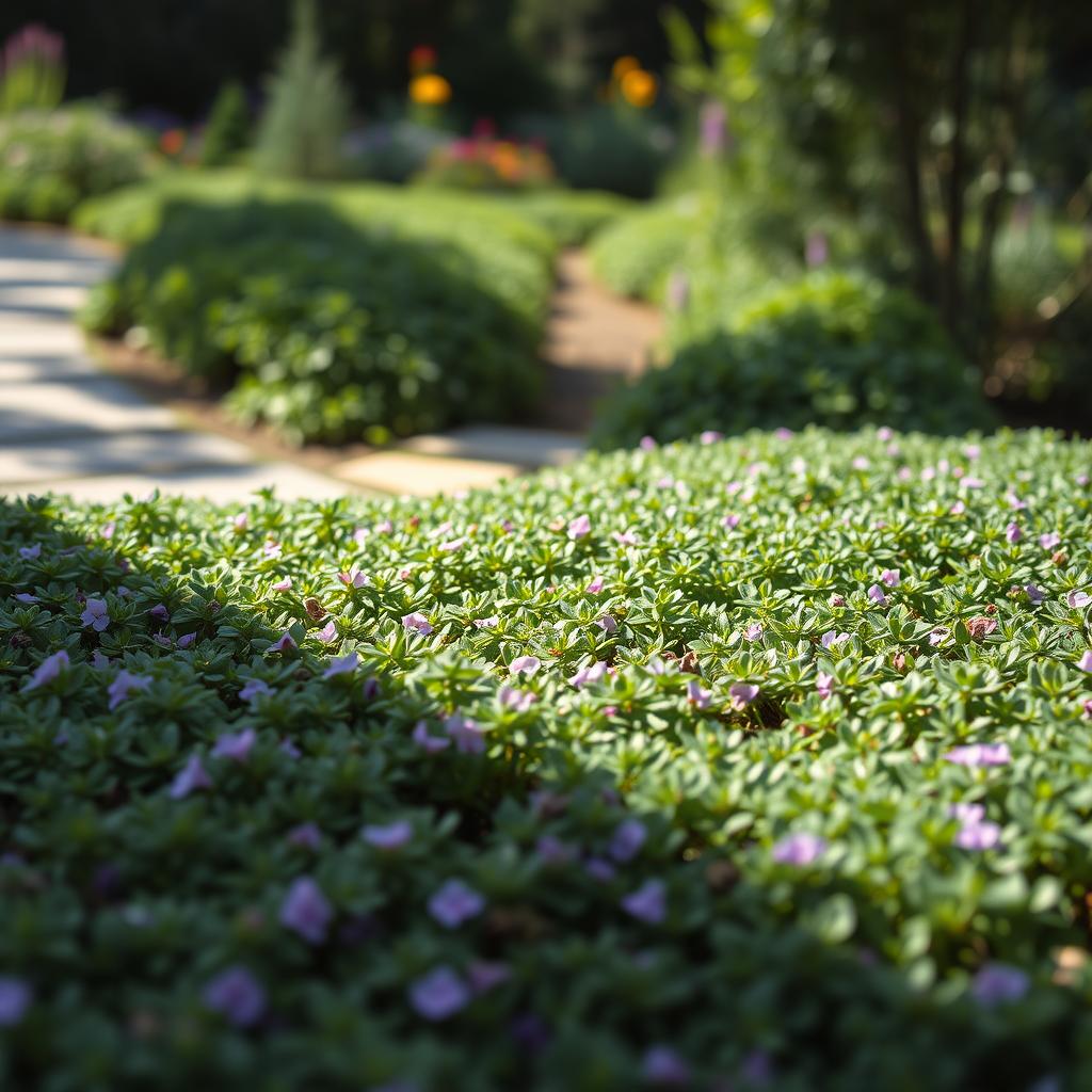 A lush carpet of thyme ground cover, its tiny green leaves interspersed with delicate purple flowers, covers the foreground. The middle ground features a natural stone pathway winding through the thyme, casting soft shadows. In the background, a sun-dappled garden scene with vibrant greenery and hints of colorful blooms creates a serene, inviting atmosphere. The lighting is soft and diffused, highlighting the textures and hues of the thyme. Captured with a wide-angle lens, the composition emphasizes the ground cover's expansive, calming presence.