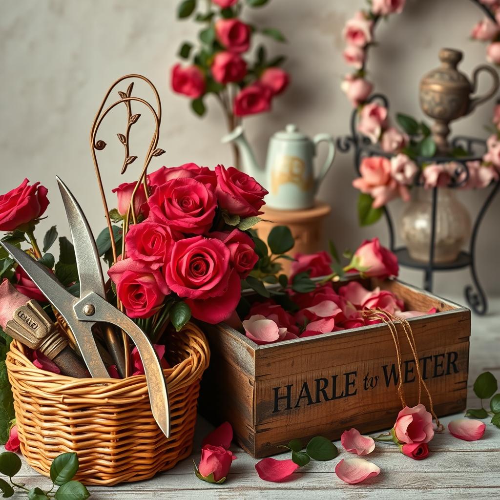 A lush, meticulously curated still life showcasing an assortment of high-quality rose accessories. In the foreground, a woven basket overflows with pruning shears, rose trellis, and decorative floral clips, all crafted from aged copper and brass. The midground features a weathered wooden garden box, its surface adorned with vibrant rose petals in hues of deep crimson and soft pink. In the background, a wrought-iron plant stand displays a variety of rose-themed trinkets, including a ceramic watering can, a stone sundial, and a delicate rose garland. Soft, diffused lighting casts a warm, inviting glow, highlighting the tactile textures and vintage charm of the scene.