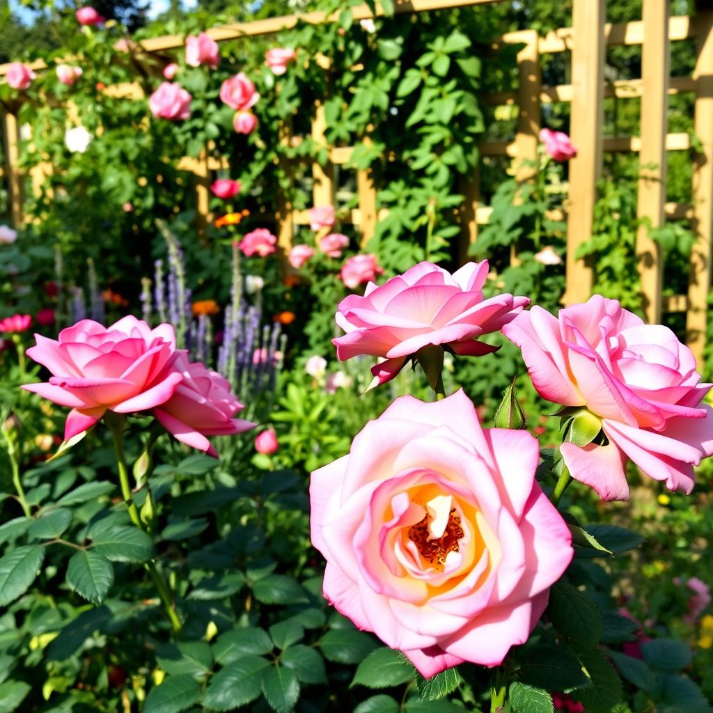 A lush organic rose garden, with a focus on natural pest control methods. In the foreground, a cluster of vibrant David Austin roses, their petals gently swaying in the soft afternoon light. The middle ground features an array of companion plants like lavender, marigolds, and thyme, strategically placed to repel common rose pests. In the background, a wooden trellis supports climbing roses, their leaves casting dappled shadows across the scene. The overall atmosphere is one of serene, sustainable gardening, where nature and nurture coexist in harmony.