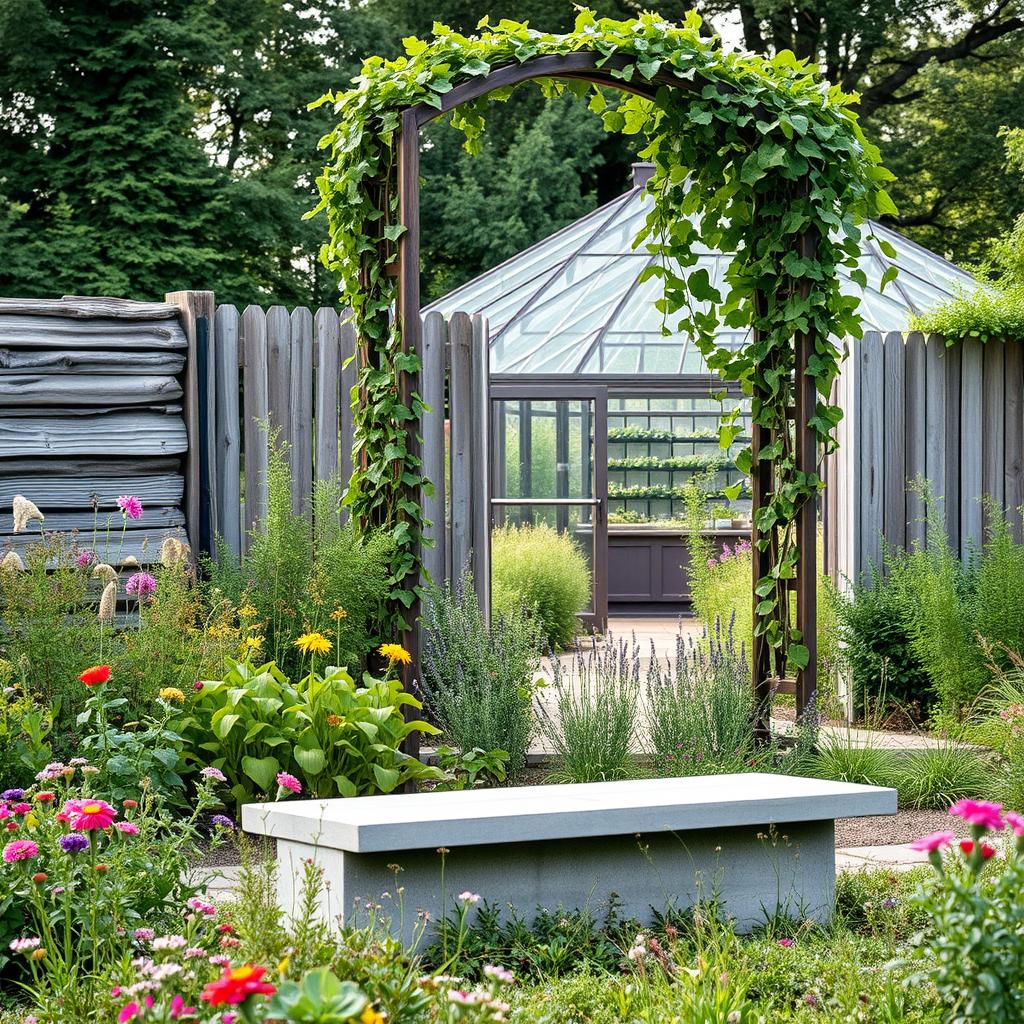 A lush, rustic garden with modern elements. In the foreground, a sleek concrete bench sits amidst a bed of wildflowers and herbs. In the middle ground, a towering steel arch supports cascading vines, creating a striking contrast. The background features a weathered wooden fence, behind which glimpses of a contemporary glass greenhouse can be seen, bathed in soft, diffused sunlight. The overall scene emanates a harmonious blend of natural and industrial aesthetics, inviting a sense of tranquility and innovation.