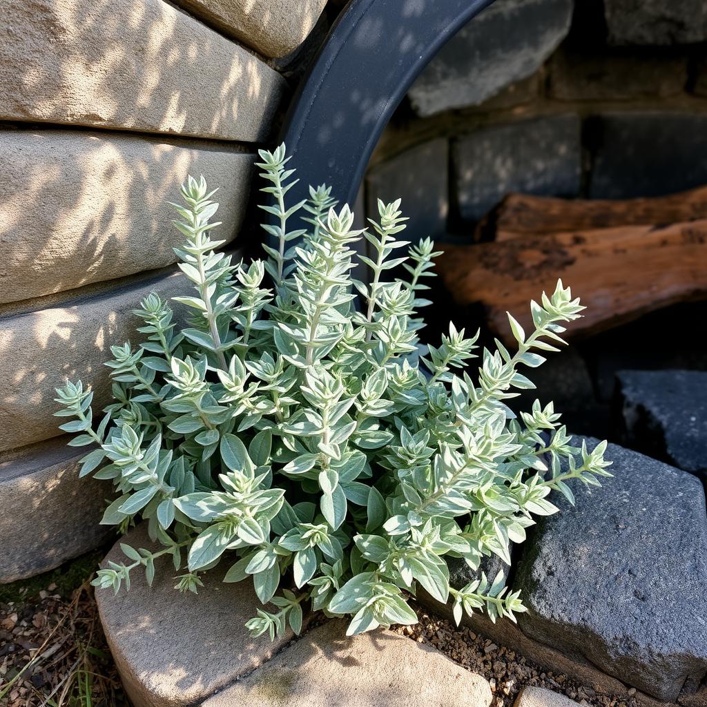 A lush sage plant nestled near a weathered stone firepit, its soft gray-green foliage contrasting against the rustic masonry. Dappled sunlight filters through the branches, casting warm shadows across the scene. The firepit's blackened stones hint at cozy evenings spent under the stars, the sage plant's fragrant leaves providing a natural mosquito-repelling aroma. A sense of tranquility and connection to the outdoors pervades the composition, captured with a wide-angle lens to emphasize the harmonious relationship between the plant and its earthy setting.