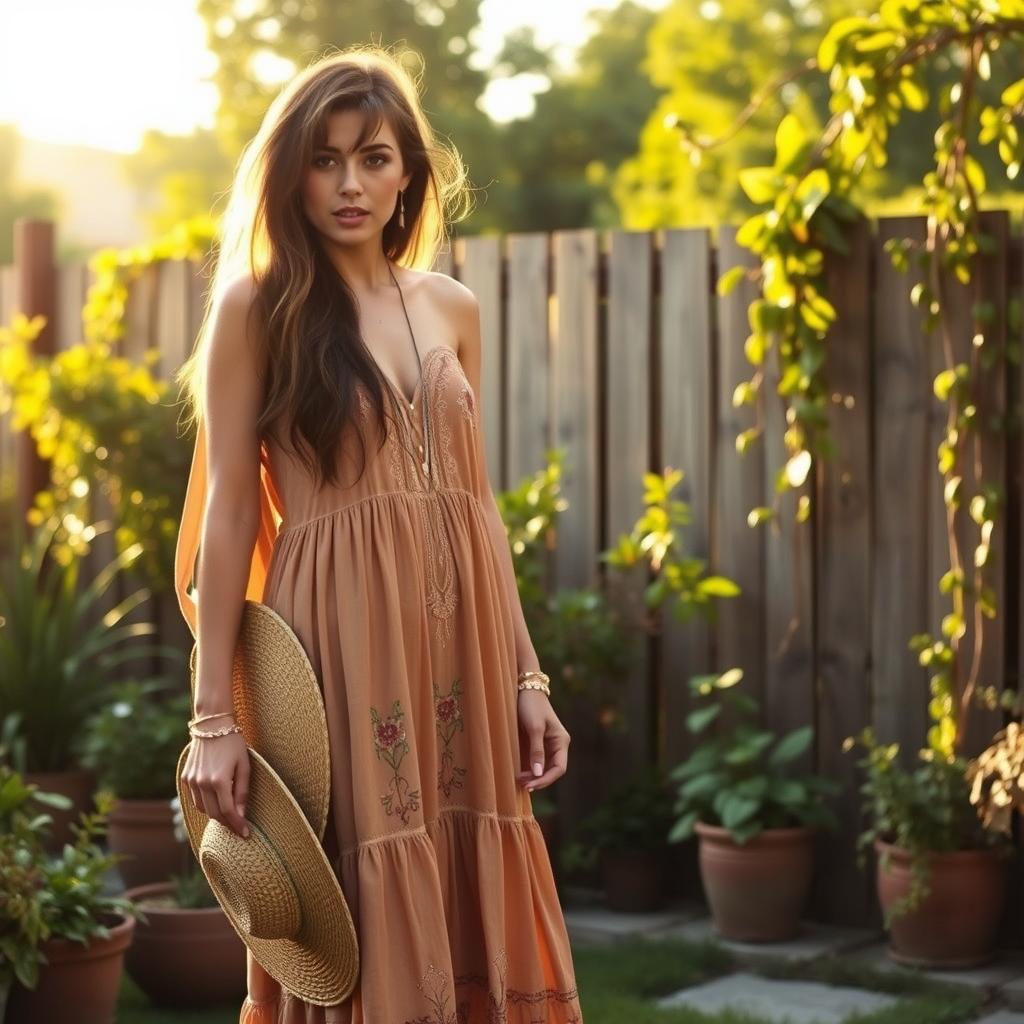 A lush, sun-dappled garden in the afternoon light. In the foreground, a stylish figure in a flowing, earth-toned maxi dress, adorned with delicate floral embroidery and intricate macramé details. Her long, tousled hair frames her face, and she holds a woven straw hat in one hand. In the middle ground, a mix of potted plants and trailing vines, creating a verdant, bohemian oasis. The background features a rustic wooden fence, softened by the hazy, golden glow of the setting sun, conjuring a sense of nostalgic, '70s-inspired dreaminess. The overall atmosphere is one of effortless, earthy elegance.