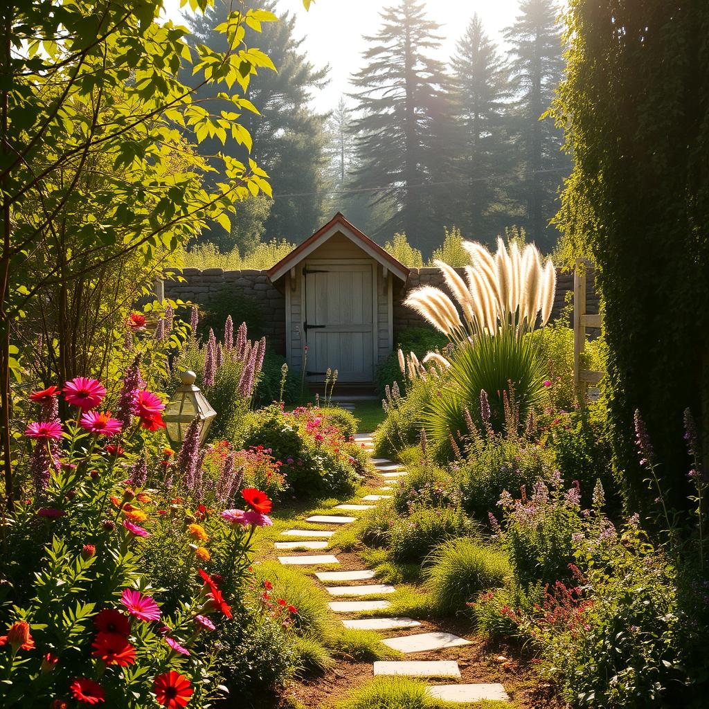 A lush, sun-dappled garden nestled in a rustic farmhouse setting. In the foreground, a charming winding path leads through a vibrant array of flowering plants and herbs, their colors and textures creating a tapestry of visual interest. Mid-ground, a quaint garden shed stands amidst a mix of perennials and ornamental grasses, their swaying forms adding a sense of movement. In the background, a picturesque stone wall frames the scene, with a glimpse of a weathered wooden fence and towering trees beyond, evoking a feeling of peaceful seclusion. Warm, golden lighting filters through the foliage, casting a soft, romantic glow over the entire composition.