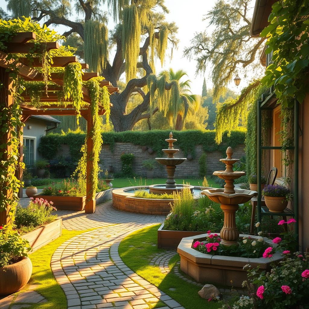 A lush, verdant farmhouse courtyard bathed in warm, golden afternoon light. In the foreground, a cobblestone path winds between raised garden beds overflowing with vibrant blooms and fragrant herbs. A rustic, wooden pergola dripping with trailing vines provides a shaded seating area, inviting visitors to pause and take in the tranquil scene. In the middle ground, a charming stone fountain gurgles peacefully, its soft splashing complementing the chirping of songbirds. Framing the idyllic space, a low stone wall is softened by cascading flowering vines, while towering oak trees sway gently in the breeze, casting dappled shadows across the serene tableau. An atmosphere of pastoral bliss and timeless, bucolic beauty pervades the dream courtyard.
