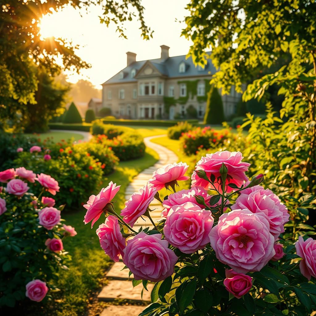 A lush, verdant garden bathed in warm, golden light. In the foreground, a stunning display of Knockout rose bushes, their vibrant pink blooms bursting forth in a symphony of color. The petals are delicately layered, capturing the essence of these hardy, disease-resistant roses. The middle ground reveals a winding stone path, inviting the viewer to explore the enchanting landscape. In the background, a stately manor house with elegant architecture stands as a serene backdrop, casting a soft, inviting glow. The scene is infused with a sense of tranquility and the natural beauty that embodies the charm of a David Austin rose garden.