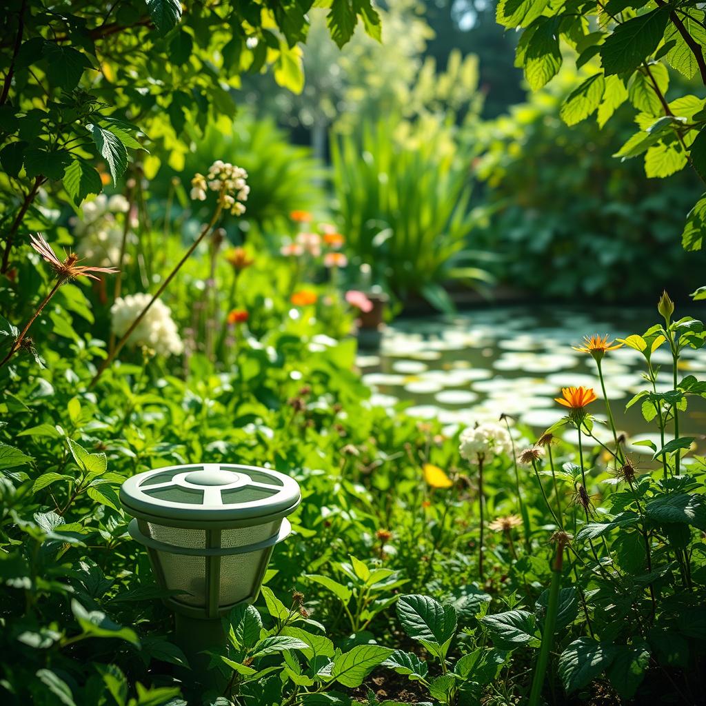 A lush, verdant garden setting with a subtle glow from natural lighting. In the foreground, an eco-friendly mosquito trap discretely blends in with the foliage, its design inspired by nature. The middle ground showcases a diverse array of thriving plants, flowers, and insects, creating a harmonious, sustainable ecosystem. In the background, a serene, sun-dappled pond reflects the tranquil atmosphere. The overall scene conveys a sense of environmental balance and responsible mosquito control measures that prioritize safety and ecological preservation.