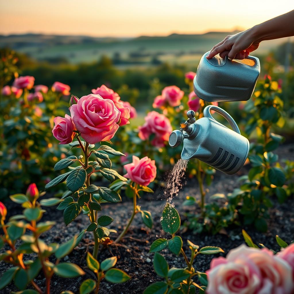 A lush, well-tended rose garden in the golden hour of a summer afternoon. In the foreground, a gardener's hands carefully sprinkle a balanced fertilizer around the base of a thriving David Austin rose bush, its vibrant petals in full bloom. The middle ground showcases a watering can pouring a gentle stream of water over the soil, nourishing the plant's roots. In the background, a picturesque landscape of rolling hills and a clear sky creates a serene, idyllic atmosphere. The lighting is soft and warm, casting a romantic glow over the scene. Captured with a shallow depth of field, drawing the viewer's focus to the essential care that goes into cultivating these stunning Knockout roses.