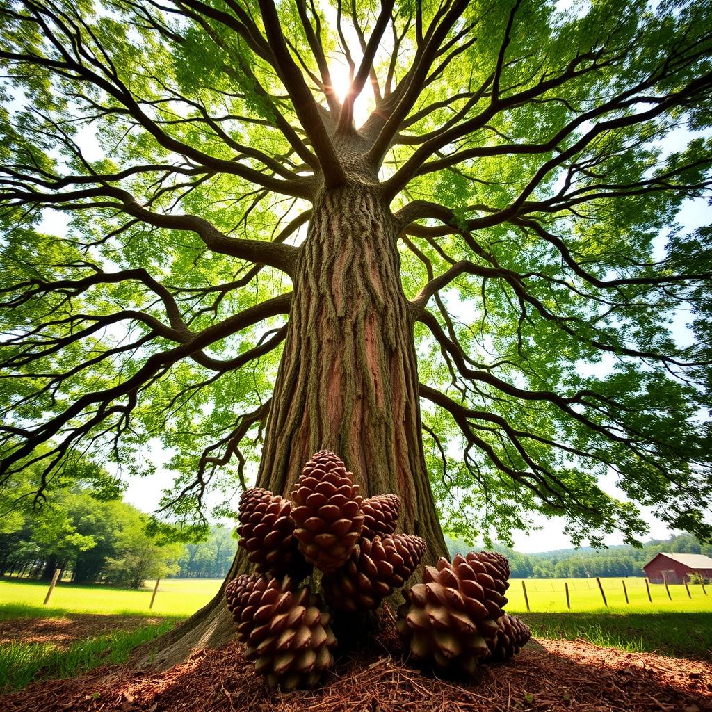 A majestic cedar tree stands tall, its branches reaching skyward. The sunlight filters through the lush, green foliage, casting a warm, natural glow. The tree's sturdy trunk is covered in a rich, reddish-brown bark, adding depth and texture to the scene. In the foreground, a cluster of cedar cones rests on the ground, their distinctive shape and aroma hinting at the tree's potent pest-repelling properties. The background is filled with a serene, pastoral landscape, emphasizing the tree's role as a natural sanctuary and protector against mosquitoes and other insects. Captured with a wide-angle lens, this image conveys the grandeur and utility of the cedar tree, making it the perfect illustration for the "Cedar: Tree-Scale Mosquito Protection" section of the article.