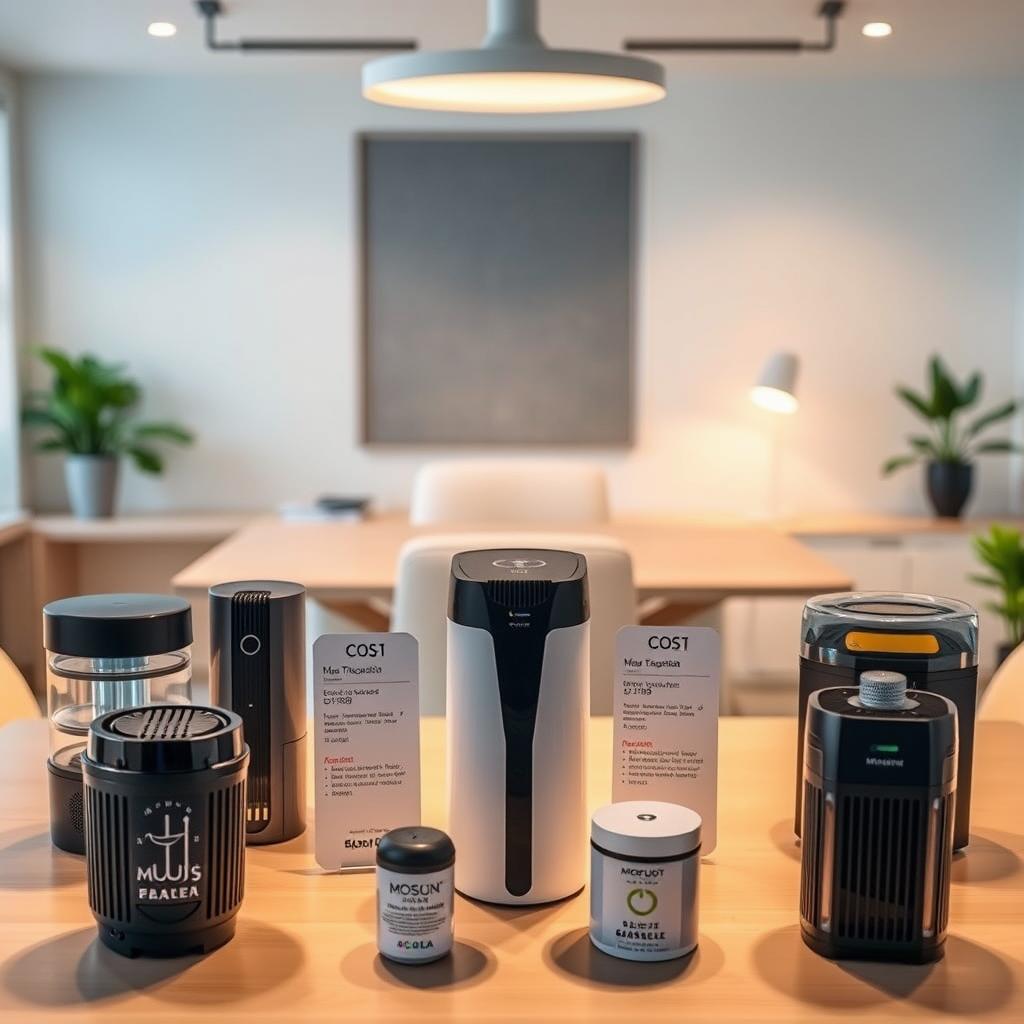 A meticulously detailed comparison of mosquito trap costs, showcased against a softly lit, modern office setting. In the foreground, an array of various mosquito trap models, their sleek designs and features highlighted under warm, directional lighting. In the middle ground, a neutral-toned desk surface displays price tags and cost breakdowns, inviting the viewer to weigh the value proposition. The background features a minimalist, tasteful interior, with hints of greenery and natural materials, creating a sense of comfort and practicality. The overall mood is one of careful consideration, guiding the viewer to assess the cost-effectiveness of these mosquito control solutions.