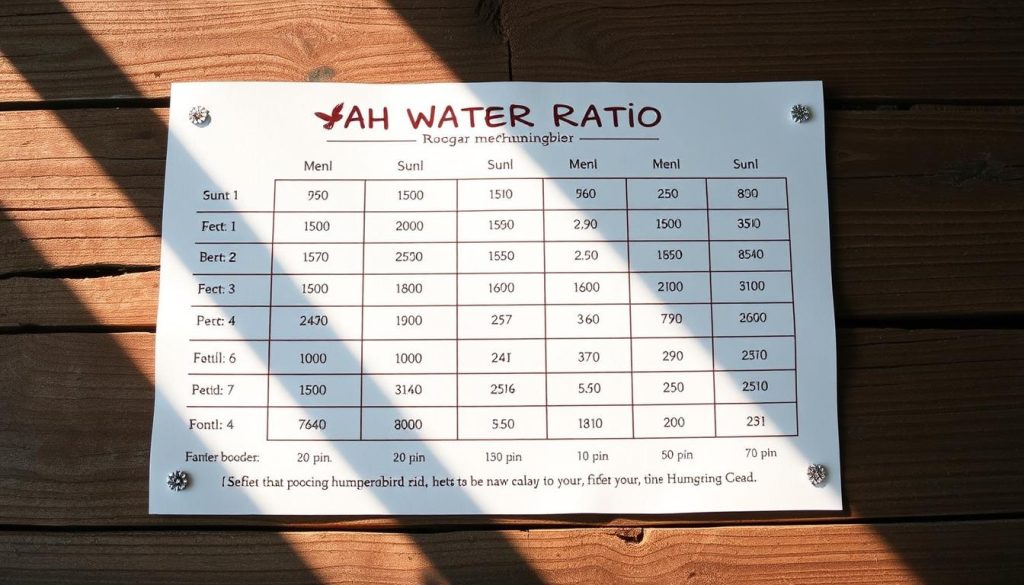 A meticulously detailed sugar water ratio chart, beautifully rendered in a soft, muted color palette. The chart is presented on a rustic wooden surface, with natural lighting casting warm shadows across the surface. The chart itself is clear and easy to read, with precisely measured increments and proportions, conveying the essential information needed for creating the perfect hummingbird nectar. The overall mood is one of simplicity, practicality, and a connection to nature, reflecting the homemade, handcrafted nature of the hummingbird food.