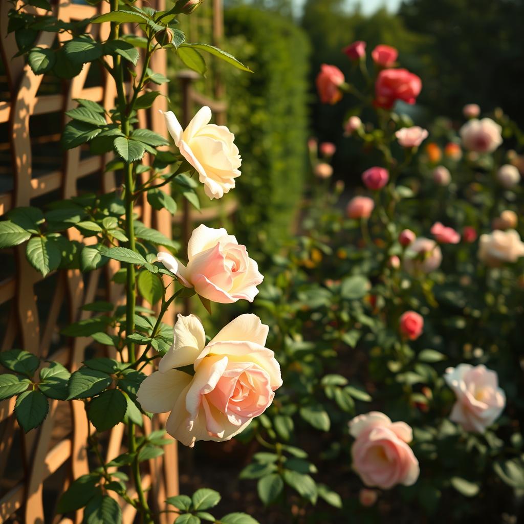 A meticulously tended rose garden in the warm afternoon light. In the foreground, a close-up view of a climbing rose plant, its delicate petals unfurling against a latticed trellis. The middle ground showcases the expert training techniques, with the rose's flexible canes gently woven through the trellis in a harmonious spiral pattern. In the background, glimpses of other flourishing rose varieties, their colors and forms complementing the focal point. The scene exudes a sense of tranquility and horticultural mastery, inviting the viewer to discover the timeless beauty and techniques of heirloom rose cultivation.