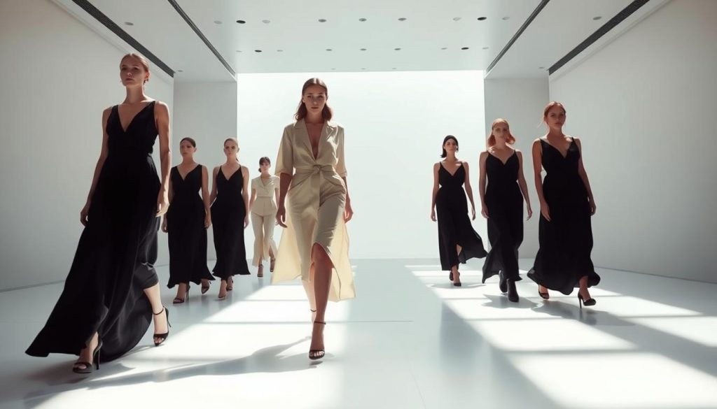 A minimalist fashion runway in a sleek, futuristic studio. The models wear clean, geometric silhouettes in subdued, neutral tones - beige, black, and white. Soft, natural lighting casts dramatic shadows, highlighting the sharp lines and flowing fabrics. In the background, a seamless, reflective floor creates a sense of infinite space. The overall mood is one of elegant simplicity, a stark contrast to the excess of Y2K trends. The camera captures the models from a low angle, emphasizing the confidence and poise of the '90s minimalist aesthetic.