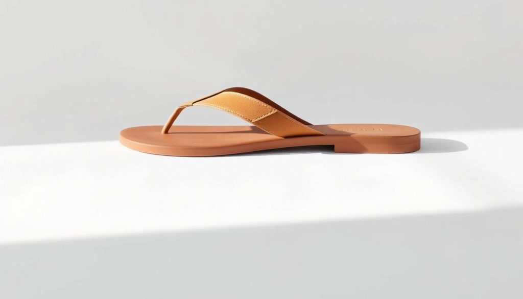 A minimalist sandal design showcased on a simple white seamless background, with soft natural lighting creating gentle shadows and highlights that accentuate the clean lines and elegant silhouette. The sandals feature a sleek, modern leather or suede upper with a minimalist strap detail, and a comfortable, low-profile sole. The overall aesthetic conveys a sense of understated sophistication and elevated style, reflecting the "Elevated Flip-Flops" trend for the summer of 2025.