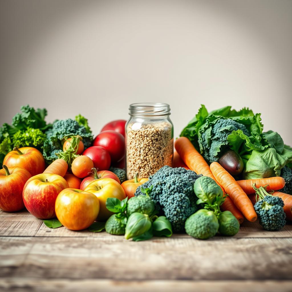 A minimalist still life composition depicting healthy food items arranged in a visually appealing manner. The foreground features an assortment of vibrant fruits and vegetables, such as apples, carrots, broccoli, and leafy greens, neatly arranged on a rustic wooden surface. The middle ground showcases a glass jar filled with whole grains, such as quinoa or brown rice, complementing the natural color palette. The background has a soft, diffused lighting, creating a calming and inviting atmosphere, highlighting the nutritious nature of the scene. The overall image conveys a sense of balance, wholesome goodness, and practical nutrition tips for a healthy lifestyle.