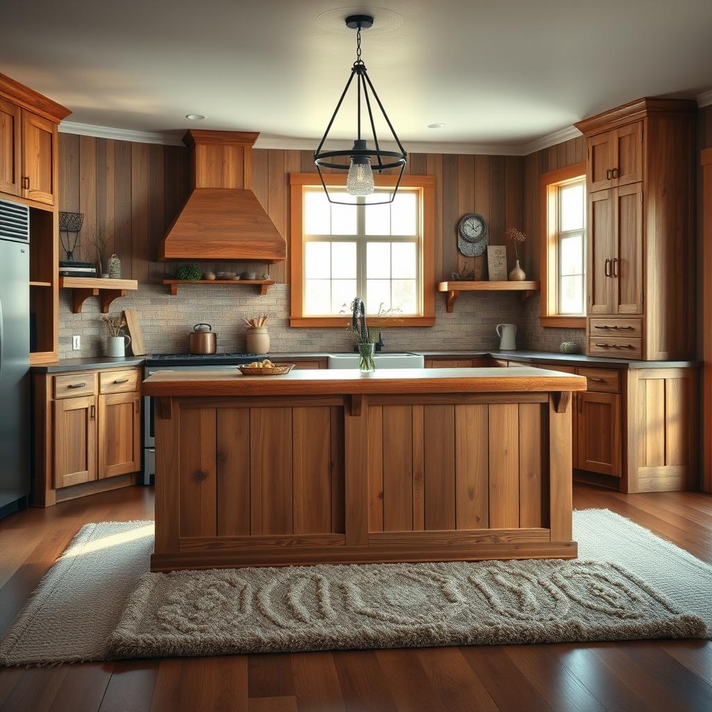A modern farmhouse kitchen with rustic charm, bathed in warm, natural sunlight filtering through large windows. The focal point is a central island crafted from rich, honey-toned wood, its grain and texture creating a captivating visual interest. Surrounding the island are cabinets and shelves made of weathered, distressed wood, their imperfections adding to the overall aesthetic. The backsplash features a mosaic of earthy ceramic tiles, complementing the wooden elements. Plush, textured rugs in muted tones cover the hardwood floors, while a wrought-iron pendant light casts a cozy, ambient glow over the entire space, evoking a sense of timeless, farmhouse elegance.