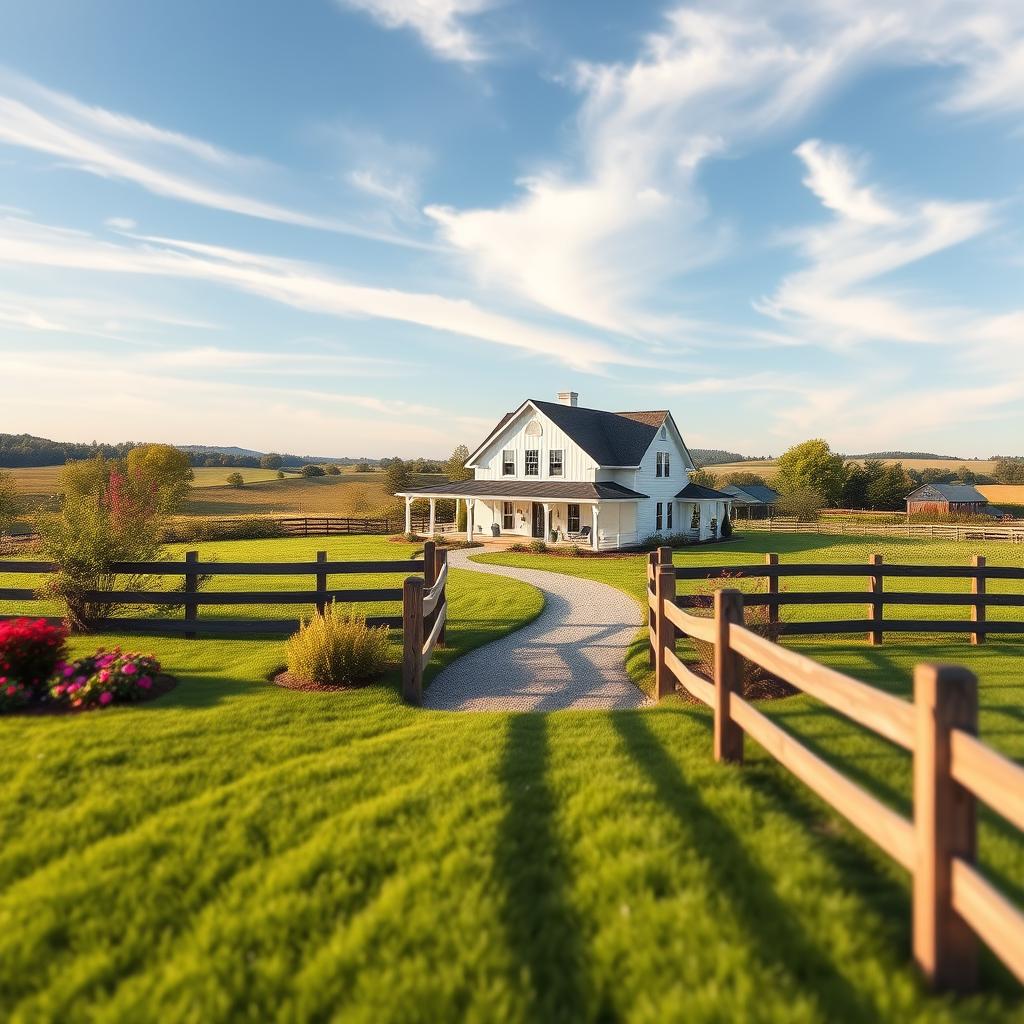 A modern farmhouse landscape with a lush, verdant foreground featuring a well-manicured lawn, vibrant flower beds, and neatly trimmed shrubs. In the middle ground, a charming wooden fence frames a winding gravel path leading towards a picturesque white farmhouse with a gabled roof and wraparound porch. The background showcases a serene countryside setting, with rolling hills, a distant barn, and a clear blue sky with wispy clouds, bathed in soft, natural lighting. The overall atmosphere is one of rustic elegance and tranquility, capturing the essence of a contemporary take on the classic farmhouse aesthetic.