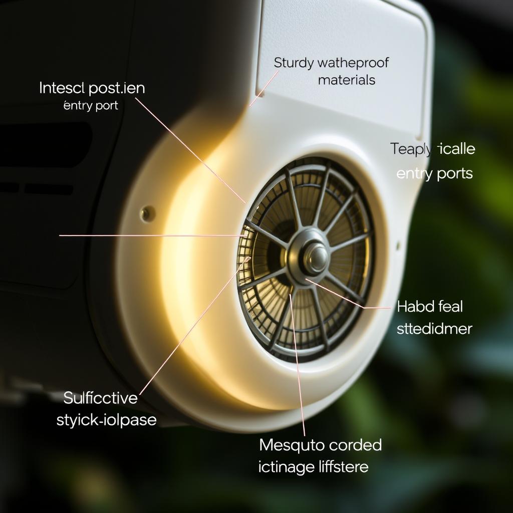 A mosquito trap with its key features prominently displayed in a well-lit, detailed close-up. The trap's exterior is made of sturdy, weatherproof materials, showcasing its effective insect capture mechanism. The trap's entry ports, suction fan, and collection chamber are visible, highlighting its design for efficient mosquito removal. The lighting is soft and diffused, emphasizing the trap's sleek, modern aesthetic. The scene is captured from a slightly elevated angle, providing a comprehensive view of the trap's functionality. The background is blurred, keeping the focus on the intricate details of the mosquito trap's construction and operation.