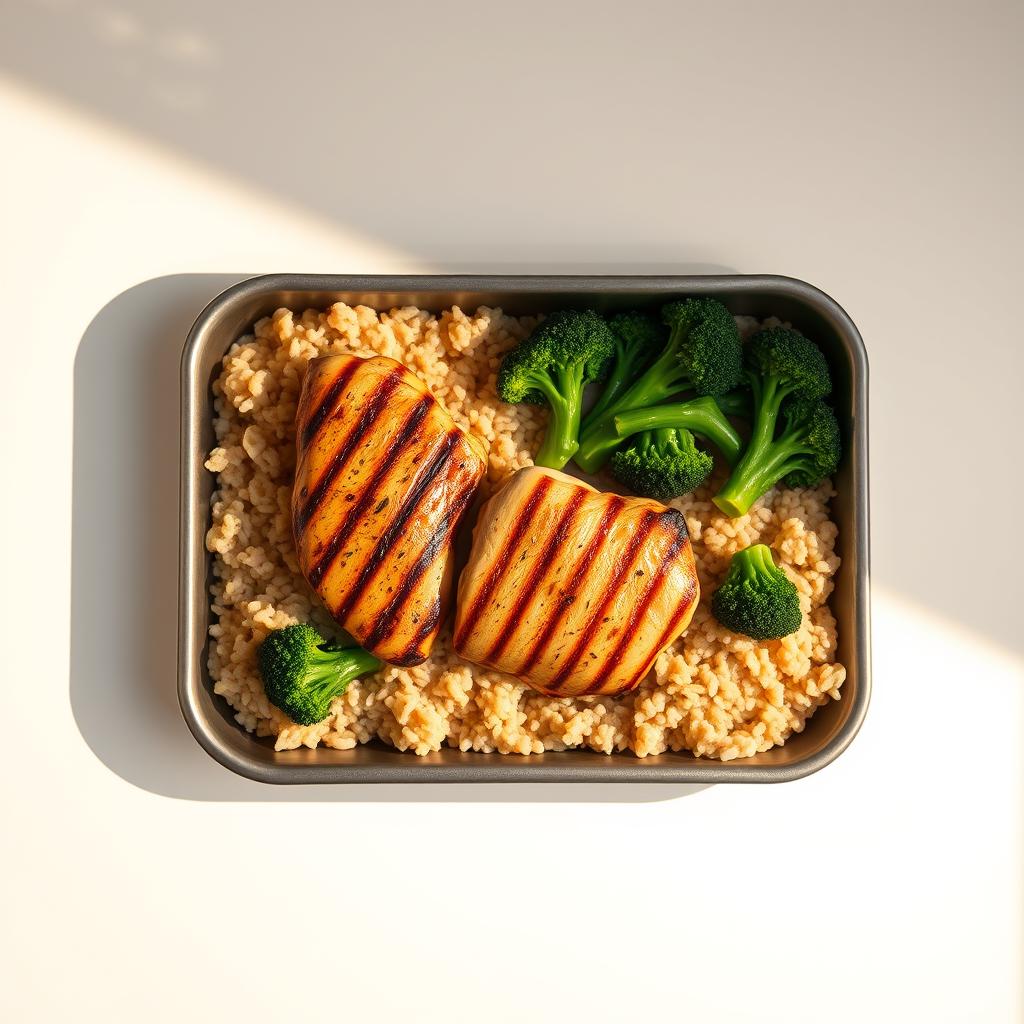 A neatly arranged one-tray meal prep showcasing a balanced high-protein diet. In the foreground, a tray filled with grilled chicken breast, steamed broccoli, and brown rice, all glistening under warm, soft lighting. The tray is set against a clean, minimalist background, allowing the vibrant colors of the food to take center stage. The lighting casts gentle shadows, giving depth and dimension to the scene. The overall mood is one of simplicity, healthfulness, and efficiency, perfectly capturing the essence of an easy, high-protein home-cooked meal.