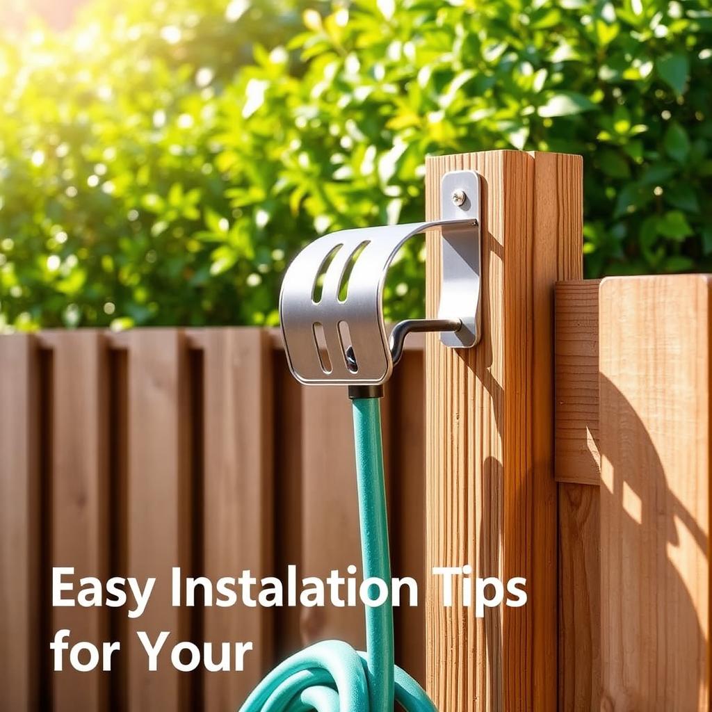 A neatly organized garden scene with a sturdy metal hose holder mounted on a wooden fence post. The holder features a smooth, curved design with slots for easy hose attachment. Warm sunlight filters through the greenery, casting gentle shadows across the scene. The holder is installed at a comfortable height, allowing for effortless wrapping and unwrapping of the hose. The background showcases lush foliage, complementing the practical yet aesthetically pleasing setup. The image conveys a sense of order and efficiency, reflecting the "Easy Installation Tips for Your Hose Holder" section of the article.