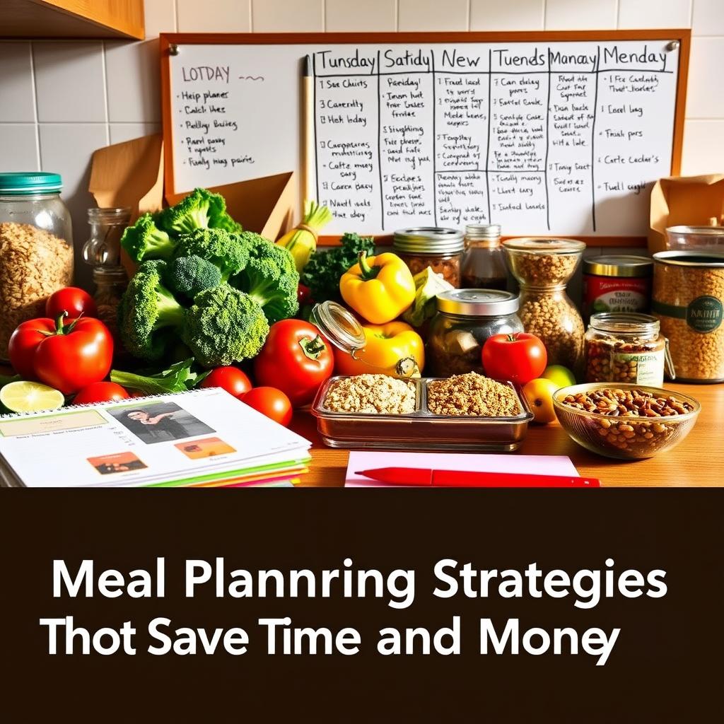 A neatly organized kitchen counter with various meal planning tools and ingredients. In the foreground, a stack of colorful recipe cards and a weekly meal planner notebook. In the middle, fresh produce like broccoli, bell peppers, and tomatoes, along with pantry staples like grains and canned beans. In the background, a clean whiteboard or chalkboard displays a meal planning schedule for the week, with carefully written notes. The lighting is warm and natural, highlighting the vibrant colors of the food and creating a sense of order and productivity. The overall scene conveys a feeling of thoughtful preparation and efficiency, perfect for illustrating "Meal Planning Strategies That Save Time and Money".