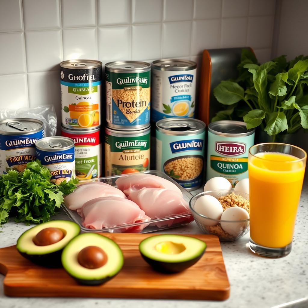 A neatly organized kitchen countertop filled with various protein-rich ingredients, including fresh chicken breasts, cans of tuna, eggs, quinoa, and leafy greens. In the foreground, a cutting board with sliced avocado and a glass of freshly squeezed orange juice. Soft, warm lighting illuminates the scene, creating a soothing and inviting atmosphere. The image conveys a sense of meal planning and preparation for a week of healthy, high-protein meals.