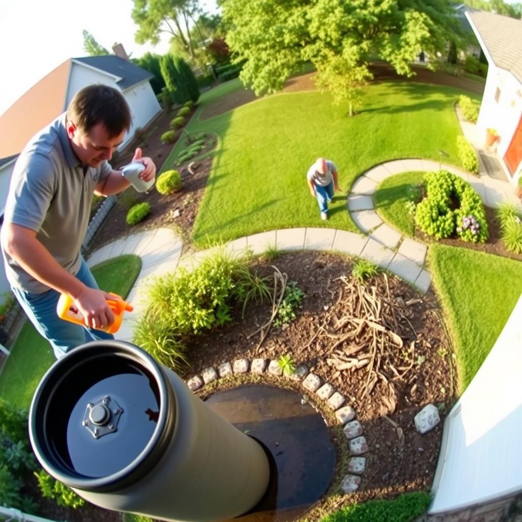 A panoramic scene of a residential neighborhood, with a focus on eliminating mosquito breeding sites. In the foreground, a person is inspecting a stagnant water source, such as a rain barrel or a small pond, and pouring a larvicide treatment to kill mosquito larvae. In the middle ground, a homeowner is removing debris and clearing vegetation around the property to eliminate potential breeding grounds. In the background, a lush garden and well-manicured lawn set the scene for a peaceful, mosquito-free outdoor environment. The lighting is soft and natural, capturing the tranquility of the scene. The camera angle is slightly elevated, providing an overhead view that emphasizes the attention to detail and the comprehensive approach to mosquito control.