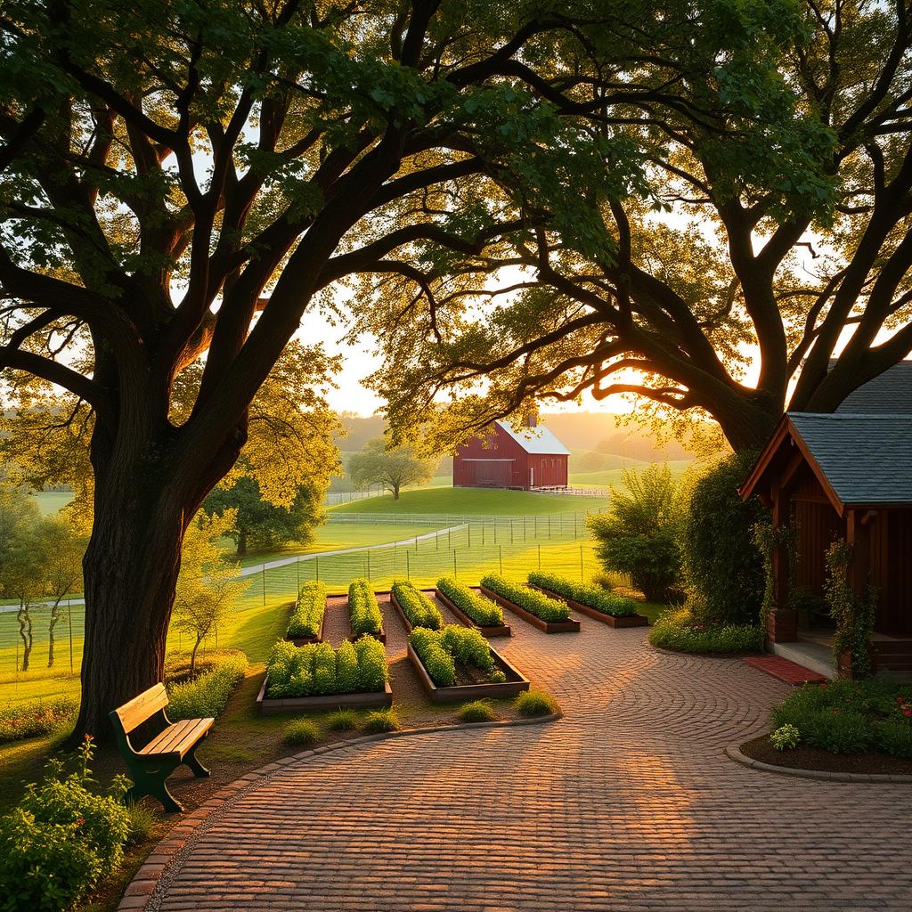 A picturesque farmhouse nestled amidst a lush, rolling pastoral landscape. In the foreground, a charming cobblestone courtyard, its warm hues offset by the verdant foliage surrounding it. Towering oak trees provide dappled shade, their branches casting mesmerizing patterns on the ground below. A quaint wooden bench invites visitors to sit and soak in the serene atmosphere. The middle ground features a well-tended vegetable garden, its rows of vibrant produce adding pops of color. In the distance, a weathered red barn stands tall, a testament to the property's agricultural heritage. The warm, golden light of the setting sun bathes the entire scene in a soft, nostalgic glow, evoking a sense of timeless tranquility.