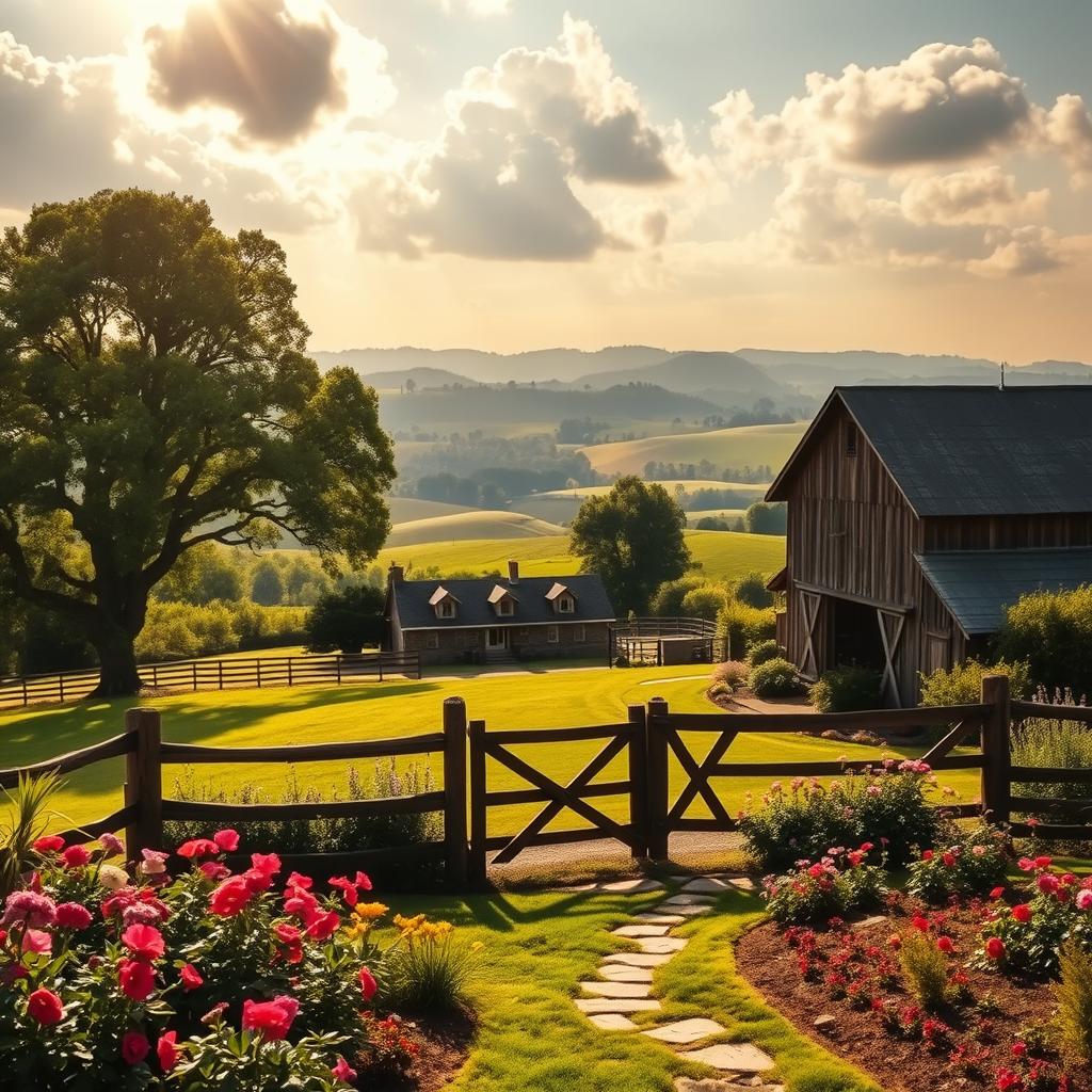 A picturesque farmhouse nestled in a lush, rolling countryside, surrounded by a charming pastoral courtyard. The foreground showcases a well-tended flower garden, with vibrant blooms and meandering paths. In the middle ground, a rustic wooden fence and a weathered barn frame the scene, while a majestic oak tree casts dappled shadows. The background features rolling hills, dotted with verdant meadows and a distant, hazy horizon. Warm, golden sunlight filters through fluffy clouds, creating a serene and inviting atmosphere. The overall composition evokes a sense of timeless, country living inspiration that would be enchanting in every season.