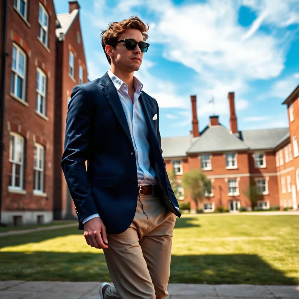 A preppy figure strolls through a sun-dappled quad, adorned in a crisp white oxford, navy blue blazer, and tailored khaki slacks. The figure's posture is confident, their stride purposeful. In the background, Georgian-style brick buildings frame the scene, their windows glinting in the afternoon light. Overhead, wispy clouds drift across a brilliant azure sky. The mood is one of timeless elegance, with a hint of youthful flair - a modern interpretation of classic American prep school style.