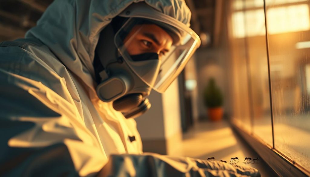 A professional exterminator in a protective suit and respirator, meticulously inspecting a commercial building for signs of a severe ant infestation. In the foreground, a close-up view of the exterminator's gloved hand carefully examining a trail of ants, with the building's interior visible in the background. Warm, directional lighting illuminates the scene, casting dynamic shadows and highlighting the exterminator's focused expression. The atmosphere conveys a sense of diligence and attention to detail as the professional prepares to tackle the pest problem effectively.