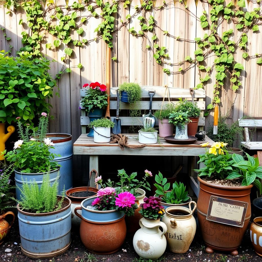 A rustic backyard oasis filled with unique DIY garden decor. In the foreground, a variety of handcrafted planters made from reclaimed wood, galvanized metal, and vintage ceramics, overflowing with lush greenery and vibrant flowers. In the middle ground, a weathered potting bench adorned with trailing vines and a assortment of garden tools. The background features a charming wooden fence entwined with climbing vines, casting soft, natural light across the scene. Warm, earthy tones, with a touch of whimsy, create an inviting, homespun atmosphere for this cozy, personalized outdoor space.