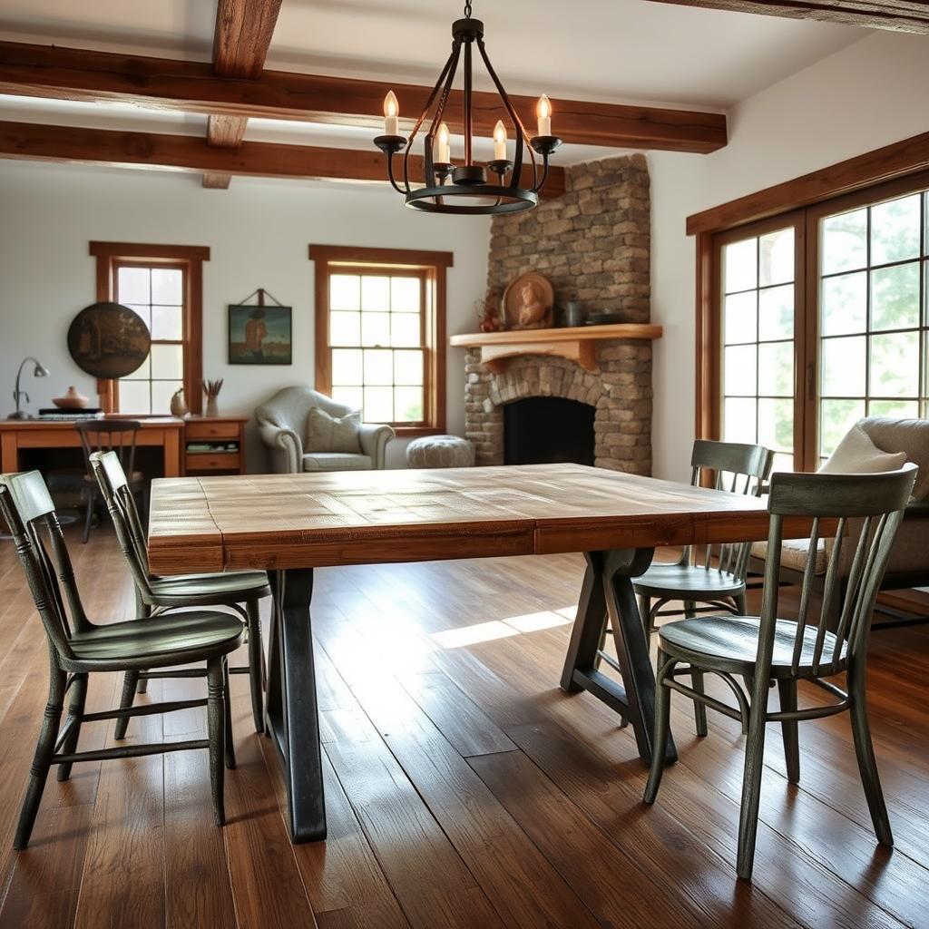 A rustic dining room table stands proudly in a cozy farmhouse setting. The solid, weathered wood top is complemented by sturdy, distressed metal legs, exuding a sense of timeless elegance. Soft, natural light filters in through large windows, casting a warm glow over the table's textured surface. Mismatched, vintage-inspired chairs surround the table, their distressed finishes adding to the room's charming, lived-in ambiance. Overhead, a simple, wrought-iron chandelier casts a gentle illumination, completing the inviting, country-chic atmosphere. The background features exposed wooden beams, whitewashed walls, and a stone fireplace, further enhancing the room's rustic, farmhouse-inspired aesthetic.