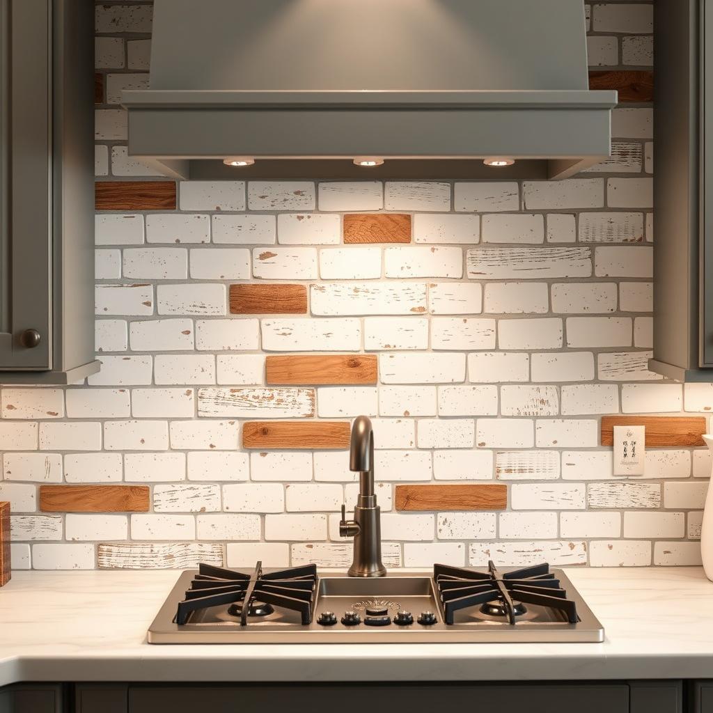 A rustic farmhouse backsplash design with a charming, weathered appearance. The backsplash features a mosaic of distressed white subway tiles, each with unique imperfections that give the surface a time-worn character. Interspersed among the tiles are accents of warm, reclaimed wood planks, their natural grains and knots adding depth and texture. Soft, diffused lighting from above casts a gentle glow, highlighting the nuanced interplay of materials. The backsplash is framed by shaker-style cabinetry in a soft, muted gray, complementing the overall farmhouse aesthetic. The scene evokes a sense of cozy, inviting comfort, perfectly suited for the "Backsplashes with Character" section of the "Embrace the Farmhouse Chic: 2025 Home Accents" article.