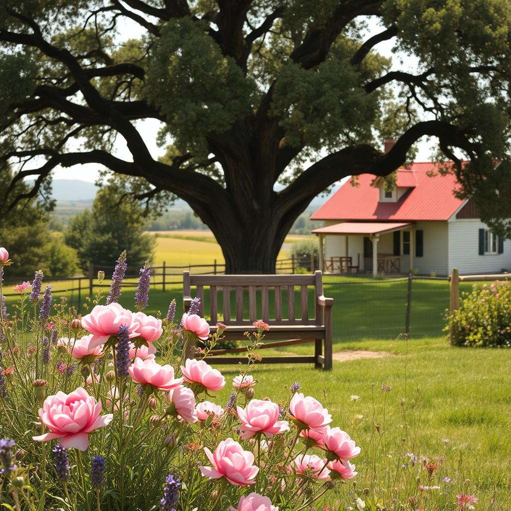 A rustic farmhouse garden in soft, muted tones. In the foreground, a well-tended flower bed bursting with vibrant blooms - pink peonies, lavender, and delicate wildflowers. In the middle ground, a weathered wooden bench nestled under the canopy of a towering oak tree, its branches casting dappled shadows. The background features a charming farmhouse with a red tin roof, surrounded by rolling hills and a distant, hazy horizon. Warm, natural lighting bathes the scene, lending an inviting, nostalgic atmosphere. The overall composition evokes a sense of peaceful tranquility and connection to the land.