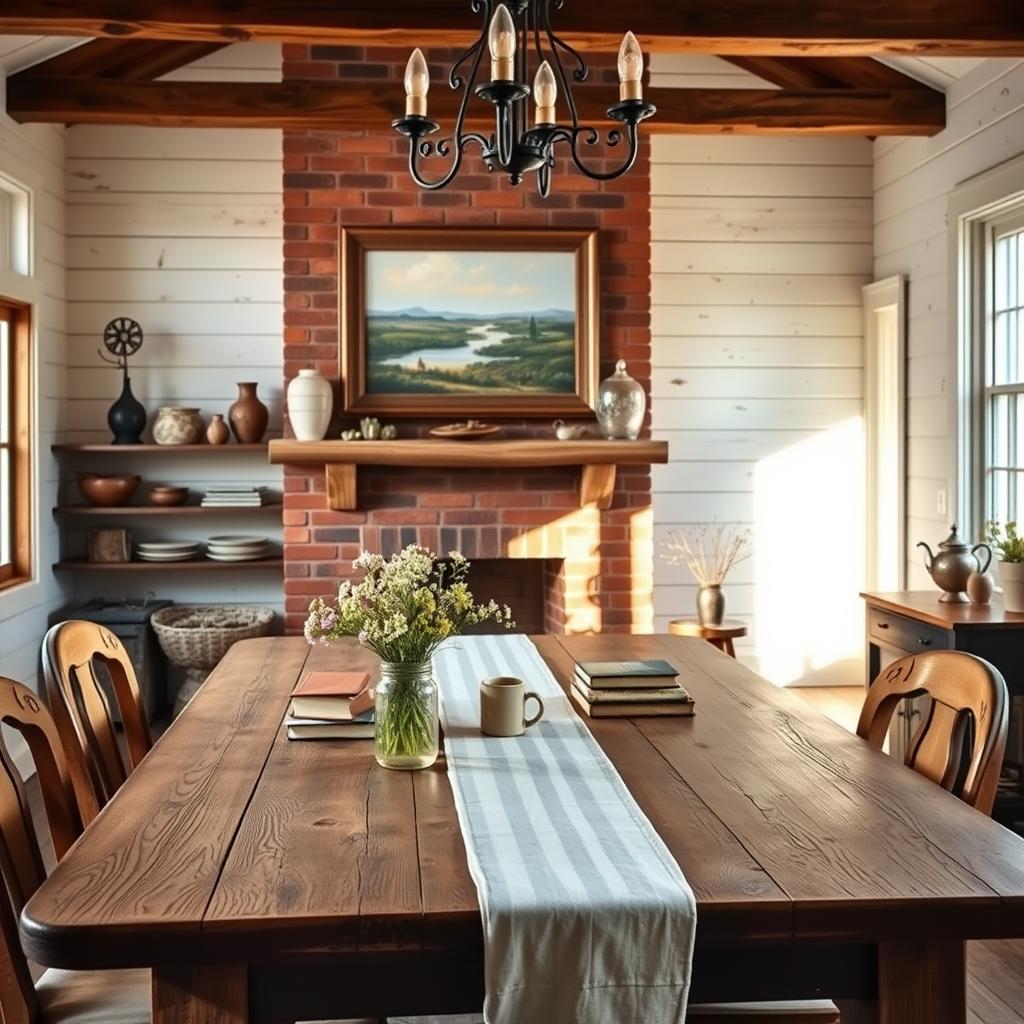 A rustic farmhouse interior, bathed in warm, natural lighting filtering through large windows. In the foreground, an antique wooden farmhouse table is adorned with a simple linen runner, complemented by vintage-inspired chairs. On the table, a bouquet of fresh wildflowers in a mason jar, along with a stack of well-worn books and a ceramic mug. In the middle ground, a brick fireplace with a chunky wooden mantel, surrounded by distressed wooden shelves displaying a collection of eclectic trinkets and antique vases. The background features whitewashed shiplap walls, accented by a large, framed landscape painting and a vintage-style chandelier hanging overhead, casting a soft, ambient glow.