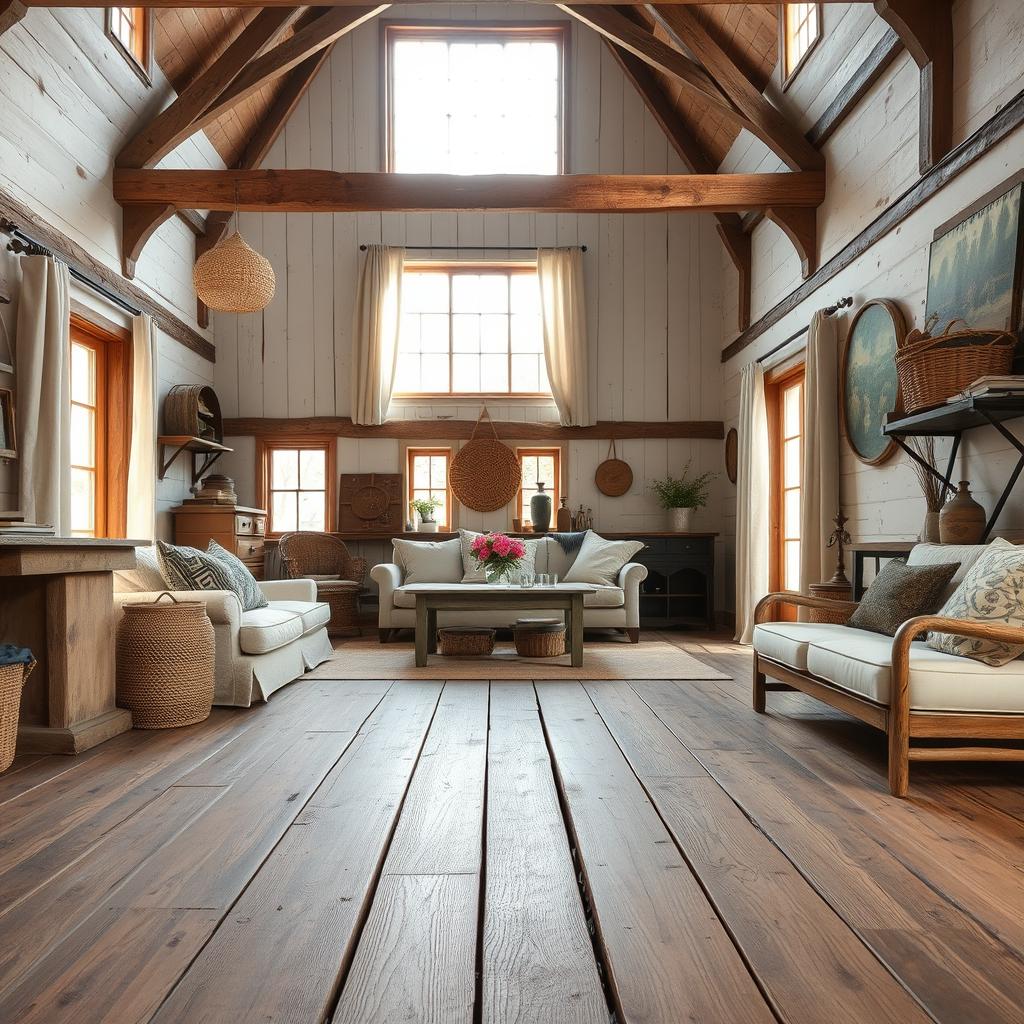 A rustic farmhouse interior with warm, inviting textures. A weathered wooden floor in the foreground, with a mix of vintage and modern furnishings. Exposed wood beams and whitewashed walls in the middle ground, creating a cozy, country-chic atmosphere. Soft, natural lighting filters through large windows, casting a gentle glow. Textured linen curtains, woven baskets, and aged metal accents add layers of visual interest. The overall mood is one of refined simplicity and timeless charm, perfectly capturing the essence of farmhouse-inspired design.