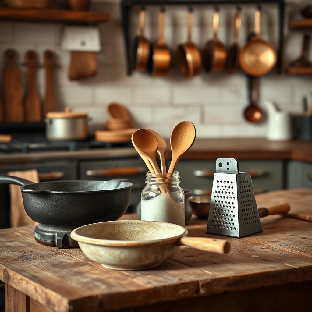 A rustic farmhouse kitchen, bathed in warm, soft lighting. On a worn wooden table, an assortment of timeless kitchenware essentials – a sturdy cast-iron skillet, a weathered ceramic mixing bowl, a mason jar filled with wooden spoons, and a tarnished tin grater. The items are arranged with a touch of casual elegance, exuding a sense of simple, homespun charm. In the background, a vintage-inspired oven and a wall-mounted rack holding an array of copper pots and pans, completing the cozy, lived-in ambiance of this quintessential farmhouse setting.