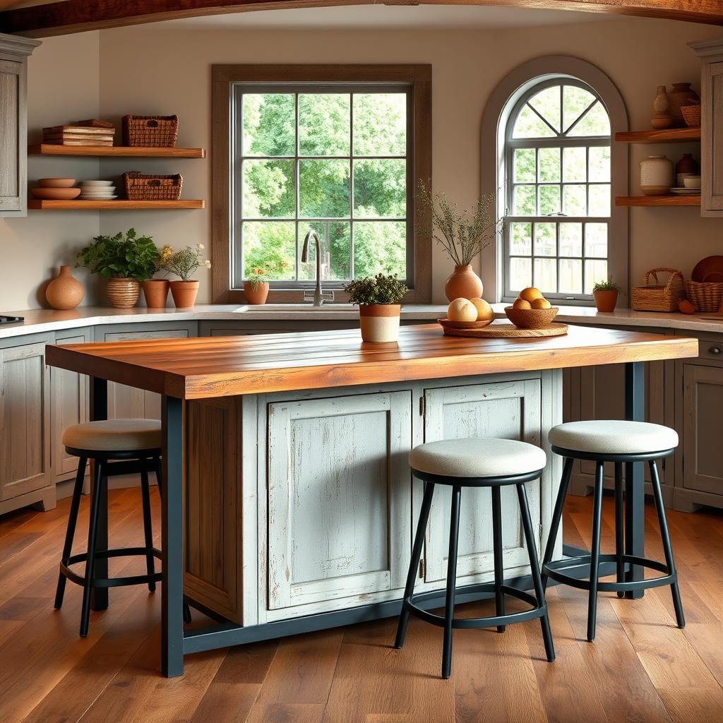 A rustic farmhouse kitchen island with a weathered wood top and sturdy black metal frame, surrounded by comfy upholstered stools in a neutral palette. The island is bathed in warm, soft lighting that casts a cozy glow, complemented by natural textures like woven baskets and terracotta pots. In the background, a charming window offers a picturesque view of a lush, verdant garden, creating a serene and inviting atmosphere. The overall scene radiates the timeless appeal of a well-loved, lived-in farmhouse kitchen.