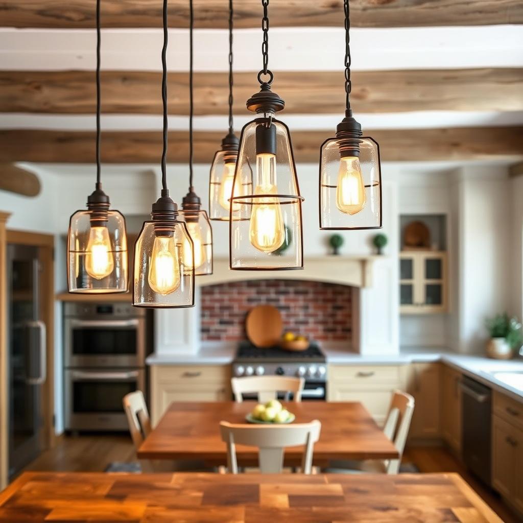 A rustic farmhouse kitchen with a warm, inviting atmosphere. In the foreground, a cluster of elegant pendant lights hang from the exposed beams, their warm light reflecting off the wood surfaces. The pendants feature a mix of industrial and farmhouse elements, with glass shades and metal frames. In the middle ground, a farmhouse-style table and chairs sit beneath the pendants, setting the stage for cozy family meals. The background showcases the kitchen's earthy color palette, with white shiplap walls, natural wood cabinets, and a brick backsplash that adds texture and character. The overall scene conveys a sense of timeless, down-to-earth charm.