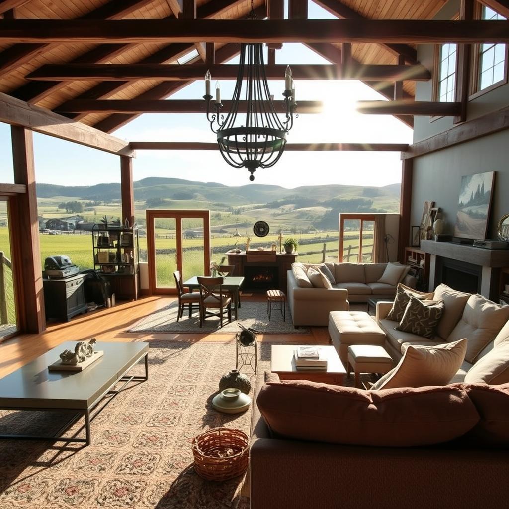 A rustic farmhouse nestled amidst rolling hills, the sun's warm glow filtering through the windows. In the foreground, discordant design choices stand out - a sleek, modern coffee table clashes with weathered wooden beams, while an overly ornate chandelier hangs awkwardly above a simple country-style dining set. The middle ground reveals cluttered decor, with mismatched knick-knacks and haphazardly placed artwork creating visual chaos. In the background, the cozy fireplace is obscured by an oversized sectional, disrupting the harmonious flow of the space. The overall mood is one of disjointed design, a cautionary tale of failing to balance modern and traditional elements within a farmhouse aesthetic.