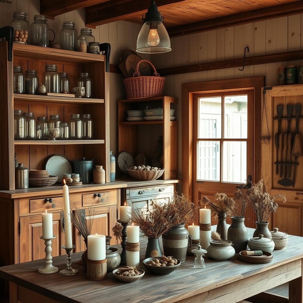 A rustic farmhouse setting, wooden shelves and distressed cabinets filled with charming vintage decor. Antique glass jars, woven baskets, and galvanized metal accents adorn the shelves, casting a warm, inviting glow from soft overhead lighting. In the foreground, a wooden table displays a selection of rustic candles, dried flowers, and other handcrafted items, inviting the viewer to explore and discover unique farmhouse-inspired treasures. The scene is bathed in natural light, with a weathered, sun-dappled exterior visible through a large window, completing the cozy, countryside ambiance.