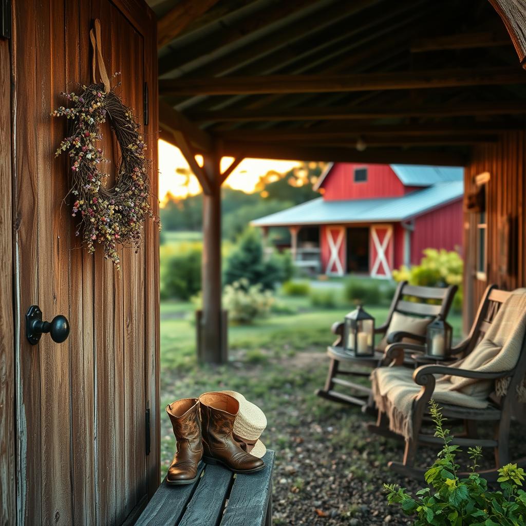 A rustic farmhouse surrounded by a lush, verdant landscape. In the foreground, a charming wreath of dried flowers and grapevines hangs on the weathered wooden door, welcoming visitors. Nearby, a pair of worn leather boots and a straw hat sit atop a weathered bench, hinting at the hardworking nature of the homestead. In the middle ground, a sprawling porch features vintage lanterns, a rocking chair, and a cozy woven blanket, creating a inviting seating area. In the background, a red barn stands tall, its weathered boards and metal roof reflecting the golden hues of the setting sun. The scene is bathed in warm, soft lighting, evoking a sense of timeless, rustic elegance.