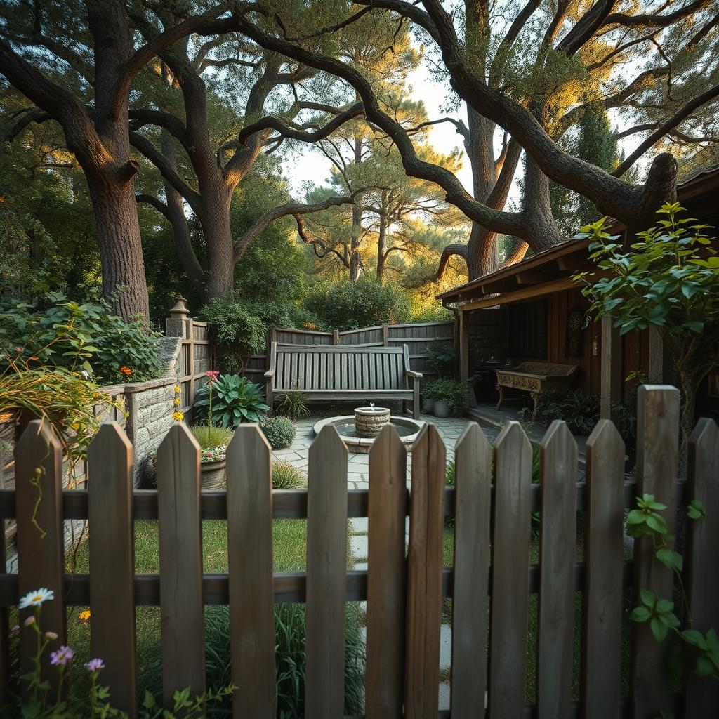A rustic outdoor oasis nestled in a lush, verdant landscape. In the foreground, a weathered wooden fence frames a charming garden path, dotted with wildflowers and meandering vines. The middle ground features a cozy seating area, with a weathered wooden bench surrounded by potted plants and a stone water feature that gently bubbles. The background is filled with towering trees, their branches casting dappled sunlight across the scene. The overall atmosphere is one of peaceful tranquility, with a warm, golden-hour glow illuminating the natural textures and muted tones. Captured through a wide-angle lens, the composition evokes a sense of serene, rustic splendor.