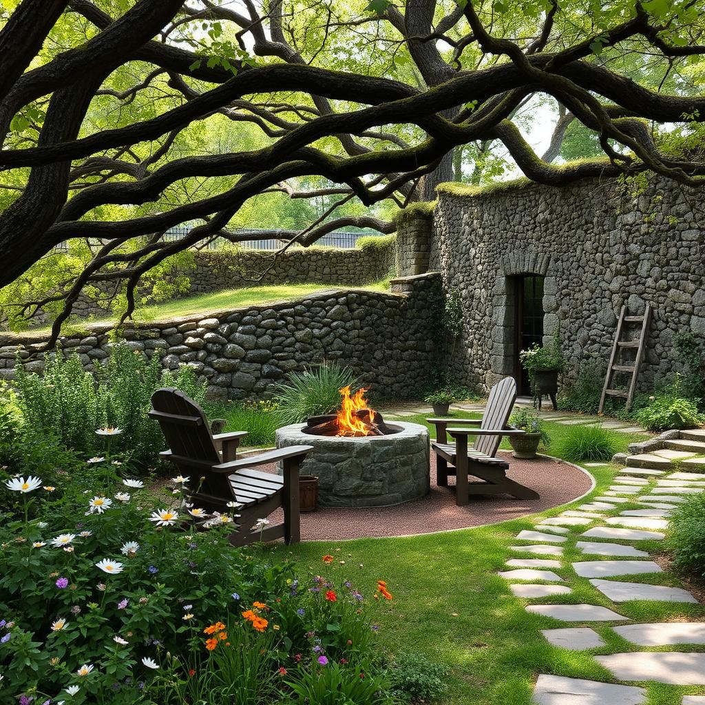 A rustic outdoor space with a weathered wooden table and chairs nestled among lush greenery. A stone firepit casts a warm glow, surrounded by native wildflowers. Overhead, a canopy of twisted oak branches filters dappled sunlight, creating a cozy, natural ambiance. The scene is framed by a moss-covered stone wall in the background, hinting at the pastoral setting. A winding stone path leads to the inviting tableau, encouraging exploration and relaxation. The overall atmosphere evokes a sense of timeless, earthy charm - a tranquil oasis where one can fully immerse in the beauty of the great outdoors.